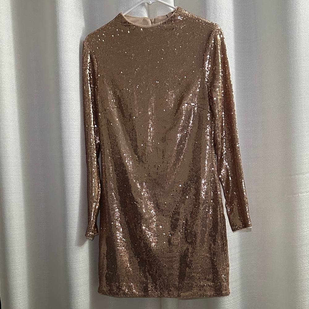 Calvin Klein Shimmering Sequin Long Sleeve Dress in Gold